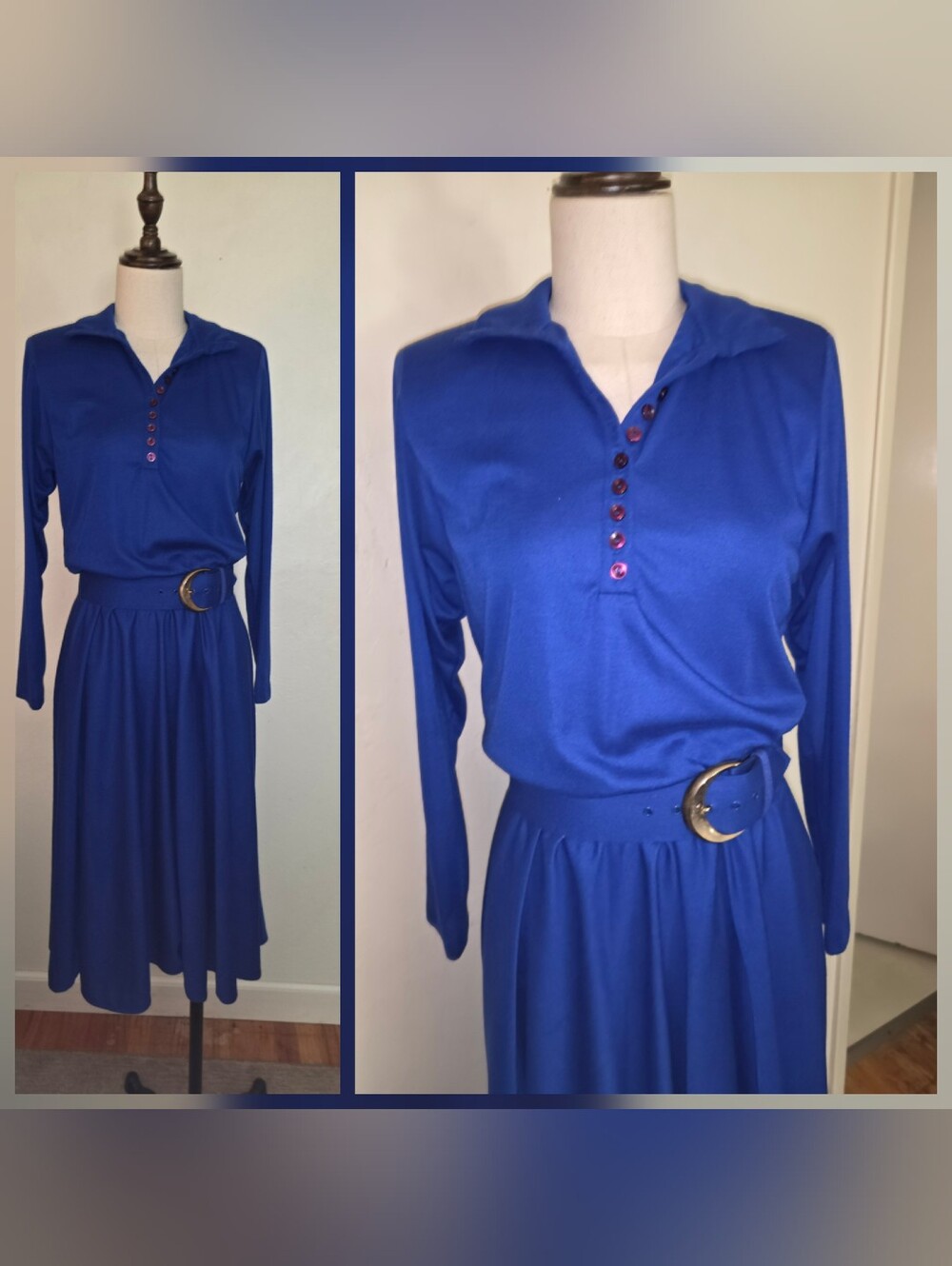 Vintage 1970s Royal Colbalt Blue Jersey Belted Henley Long-Sleeve Midi Dress
